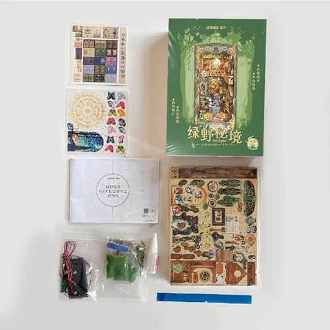 BOOK NOOK KIT DIY MINIATURE DOLLHOUSE 3D PUZZLE BOOK NOOK WITH LED LIGHT MODEL KIT DECORATIVE BOOKEND STAND FOR ADULTS CREATIVE BOOKSHELF BOOKNOOK (GREEN FIELD MYSTERY) - Image 3